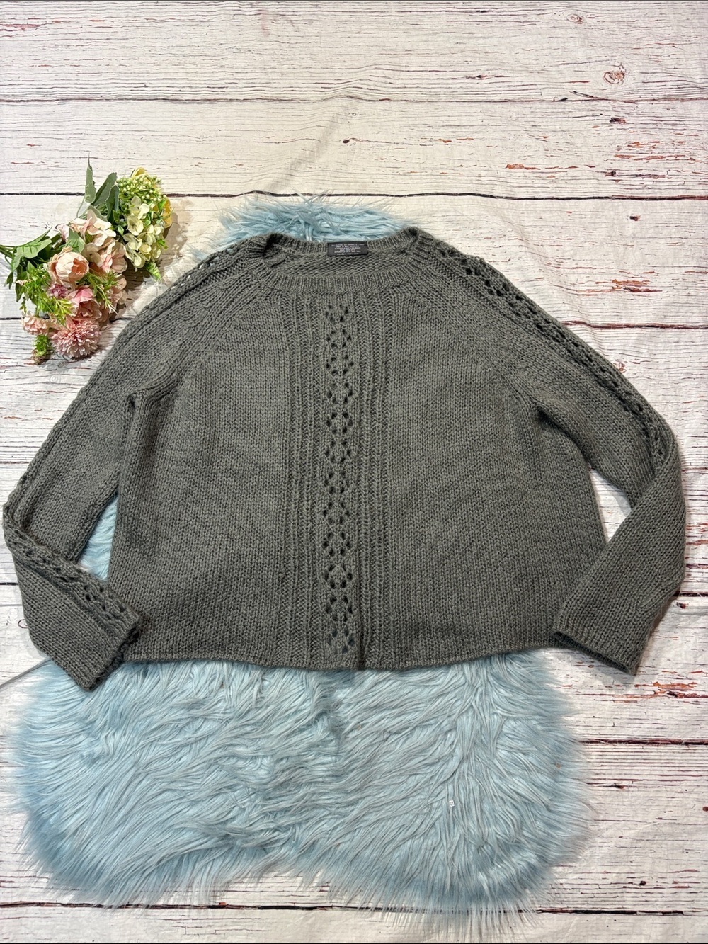 Wooden Ships Gray Open Knit Detail Crewneck Mohair Wool Blend Sweater